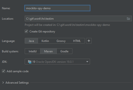 Image shows the pop-up window for creating a project. The setting include "Name: mockito-spy-demo," "Location: C:\git\work\hs\testim," "Create Git repository" is checked, "Language: Java," "Build System: Maven," "JDK: 19 Oracle OpenJDK version 19.0.1," "Add sample code" is checked.